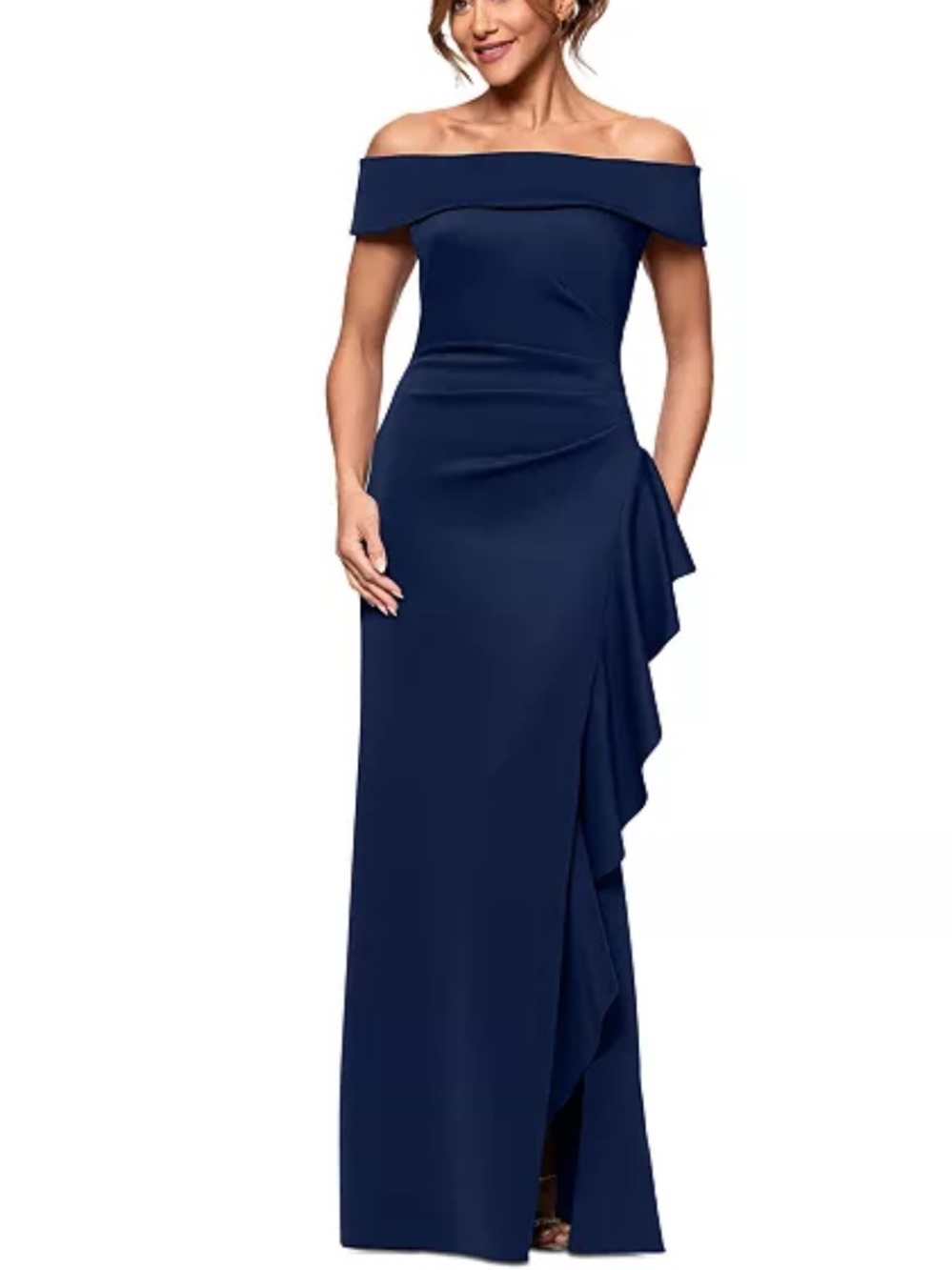 NWT Xscape Navy Off Shoulder Formal Gown Navy Ruching Slit Size 16